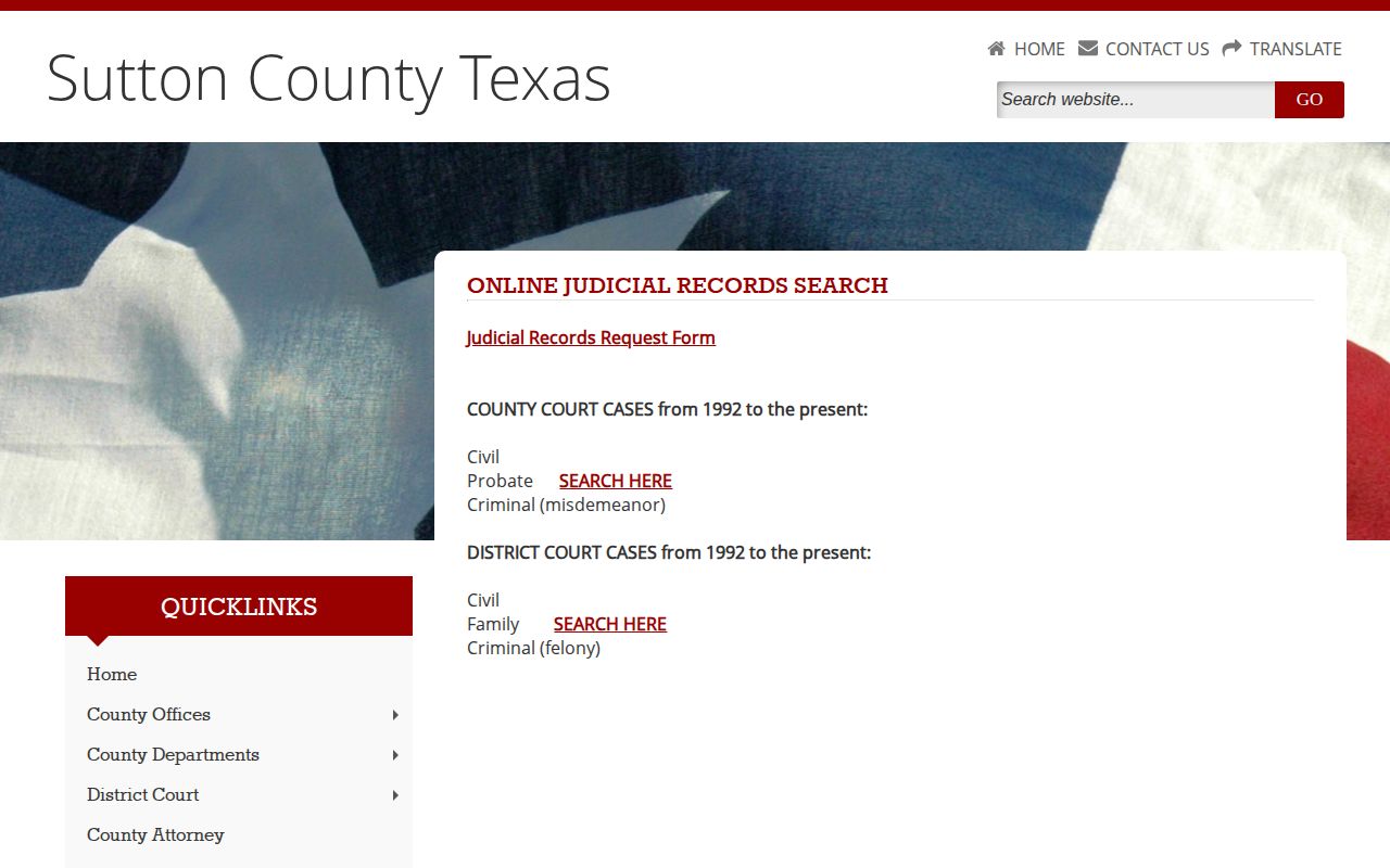 Sutton County judicial search showing the 1992 online record boundary