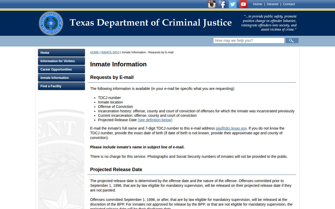 TDCJ available information for a Sutton County release date lookup