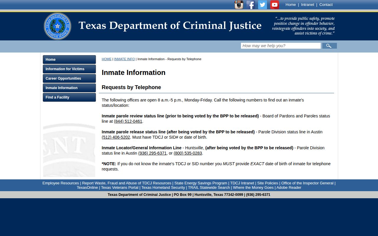 Sutton County parole status and post-release supervision telephone channels