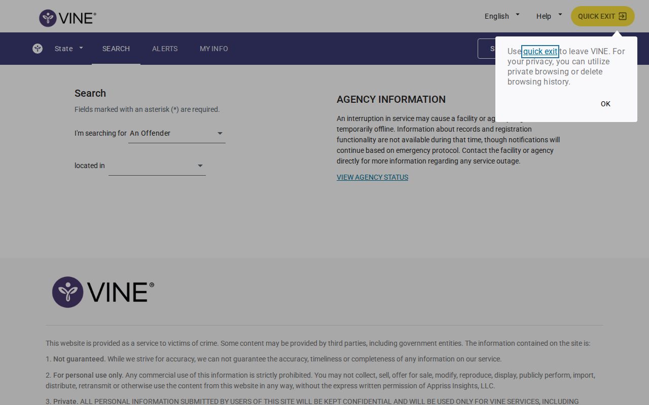 Name and ID fields for a Sutton County VINE inmate search
