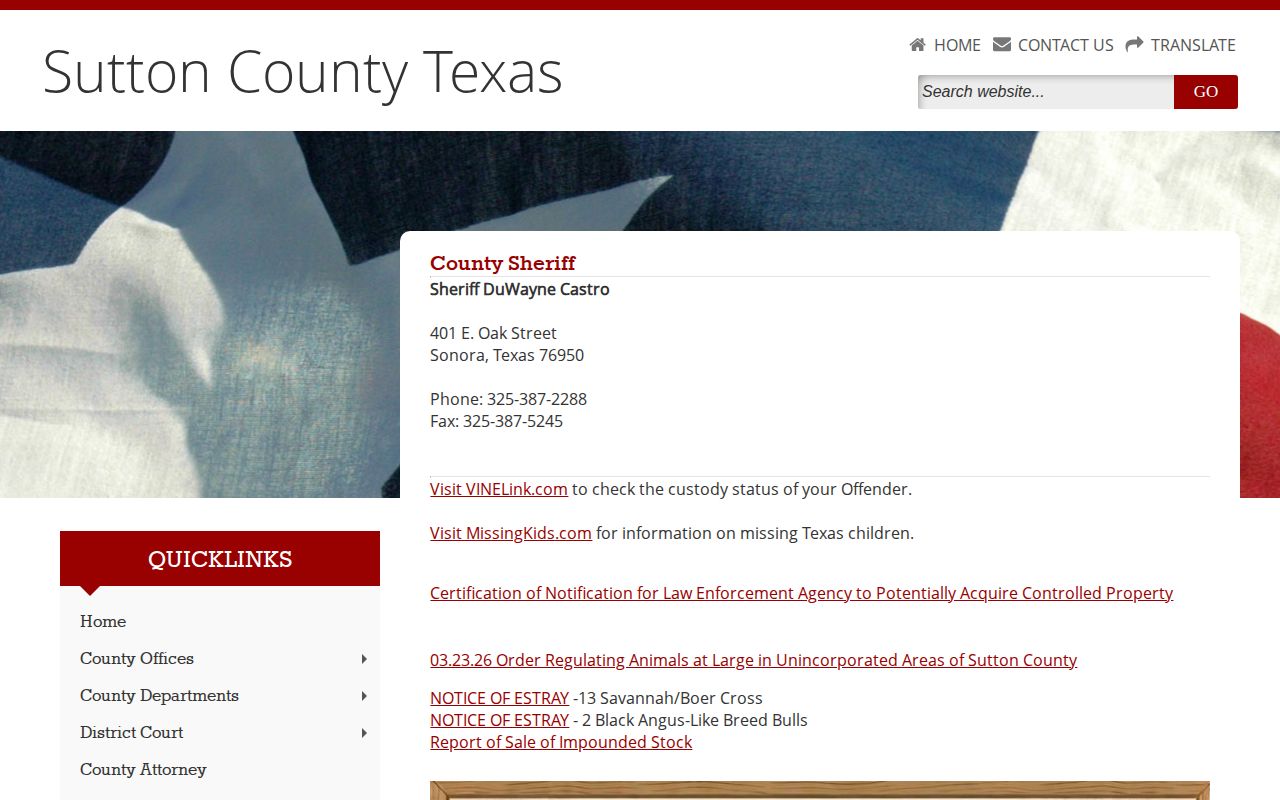 Official Sutton County Sheriff page for Sutton County Jail release records