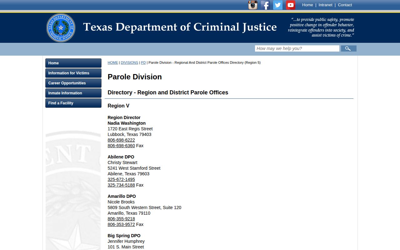 Sutton County post-release supervision contact at San Angelo District Parole Office