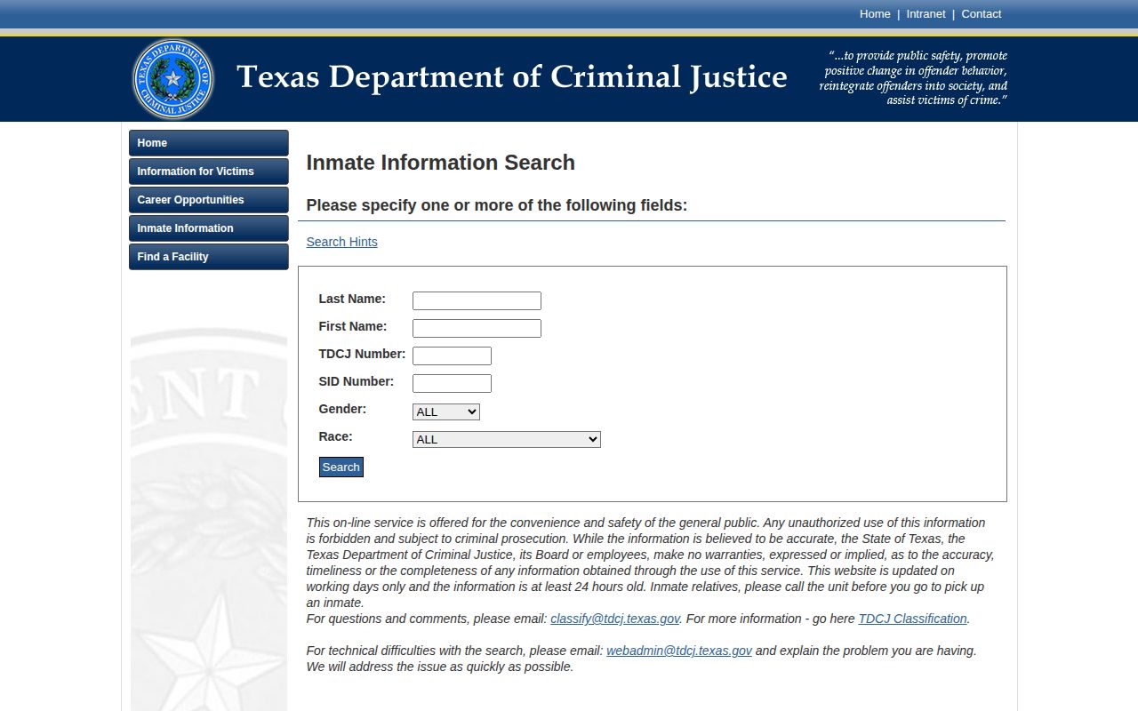 TDCJ search fields for a Sutton County projected release date